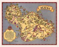 Vintage illustrated map of Maui with ornate border and labeled regions
