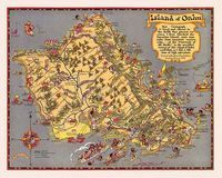 Vintage illustrated island map with yellow land, red border, and dense handwritten labels on a blue sea background