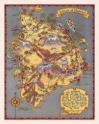 Vintage illustrated map of Hawaii with labeled islands, volcanoes, decorative borders, and text panels