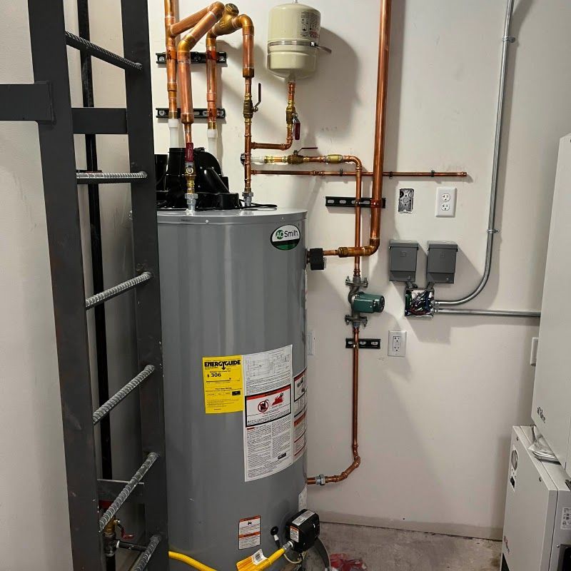 A water heater in a room with copper pipes