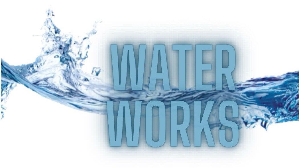 A logo for Water Works with a splash of water