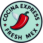 A circular logo for "Cocina Express Fresh Mex" featuring a red chili pepper with a single wing, on a light green background.