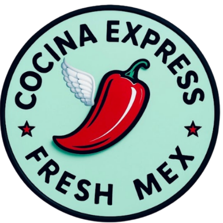 A circular logo for "Cocina Express Fresh Mex" featuring a red chili pepper with a single wing, on a light green background.