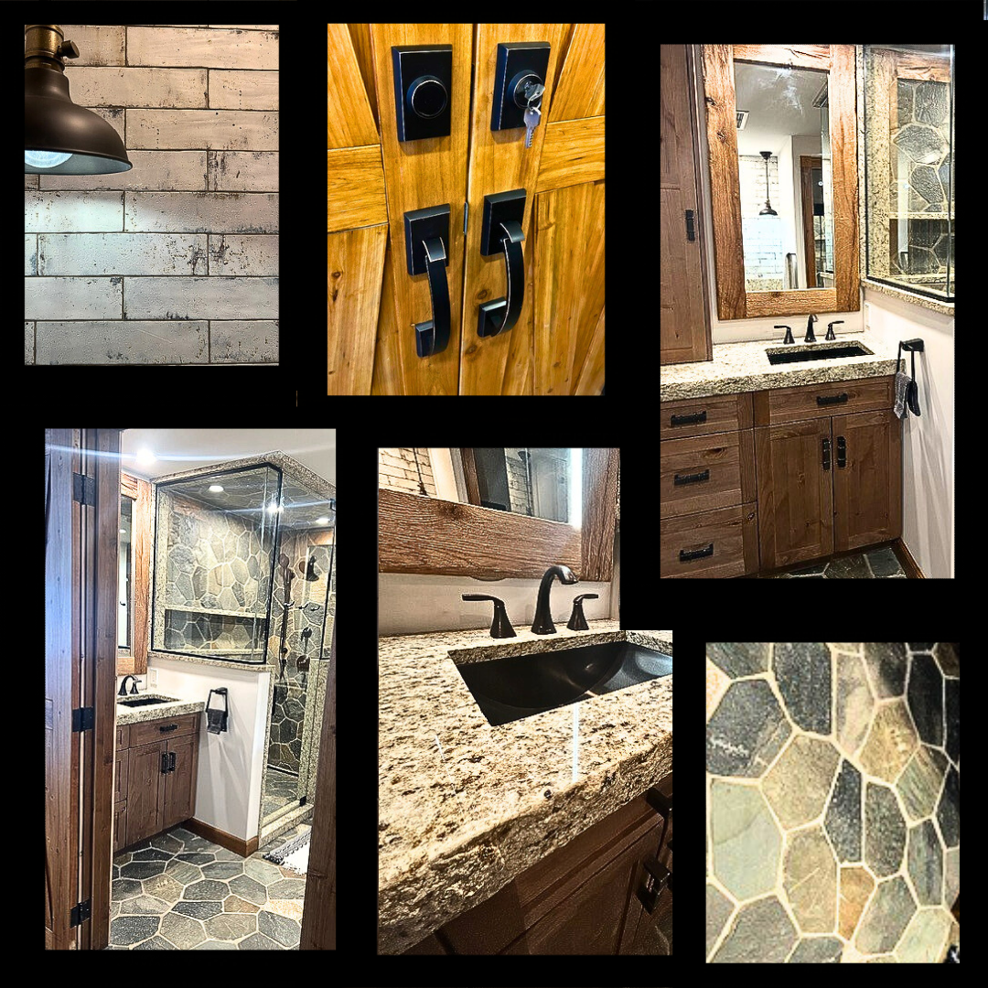 A collage of pictures of a bathroom with granite counter tops and a wooden door.