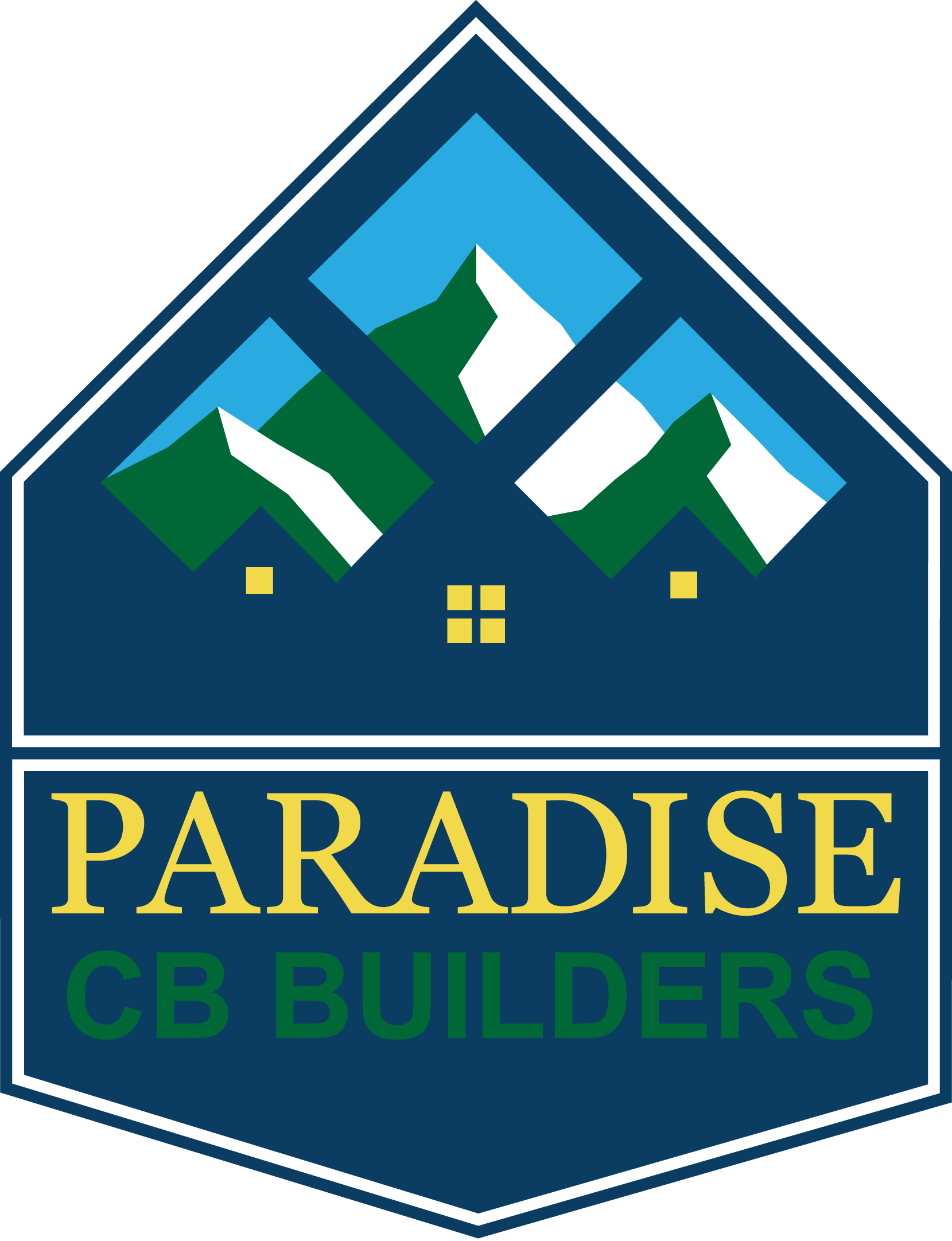 A logo for paradise cb builders with mountains and a house
