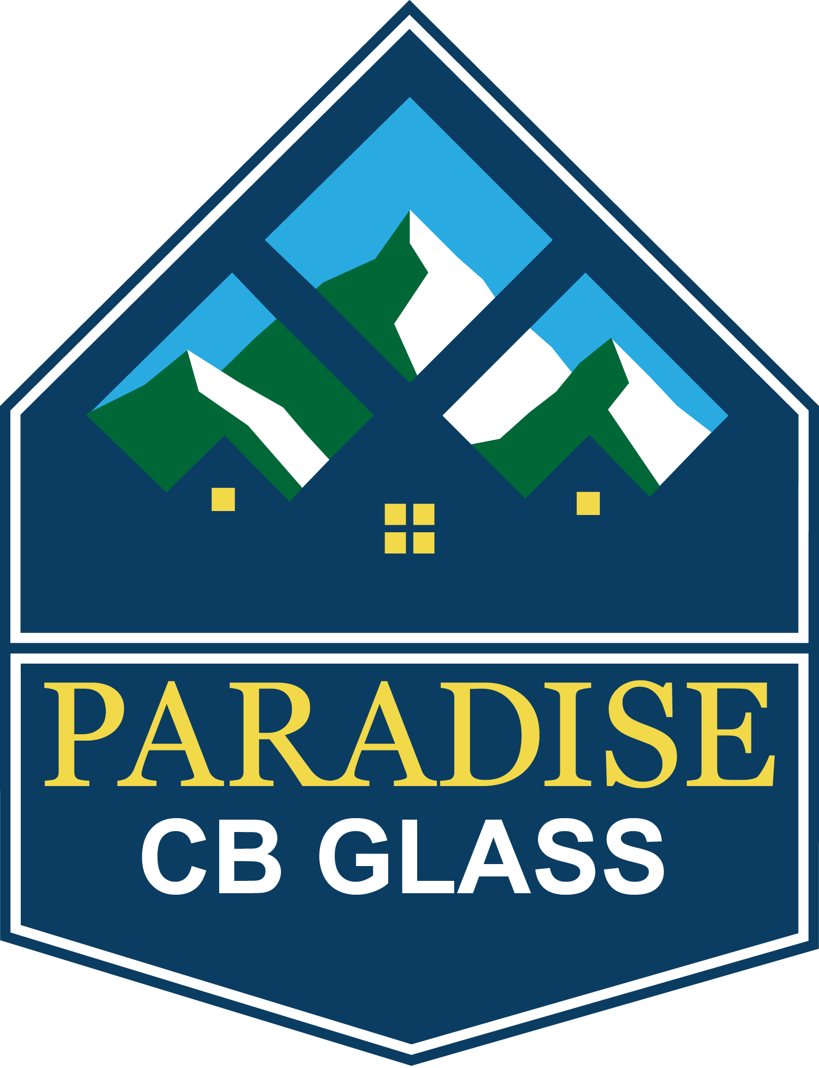 A logo for paradise cb glass with mountains in the background