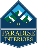 A logo for paradise interiors shows a house and mountains