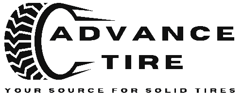 Advance Tire logo with tire graphic and tagline “Your source for solid tires”