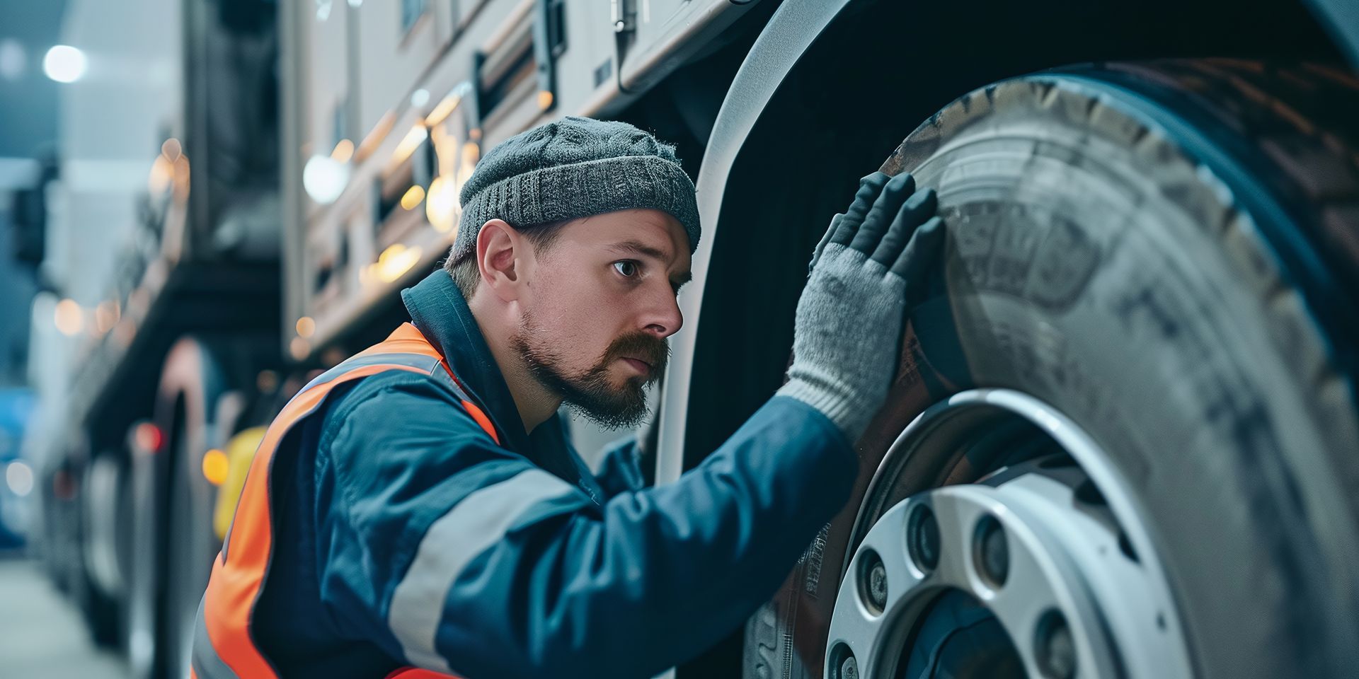 Person kneeling beside a white truck, working near the front wheel in snowy mud