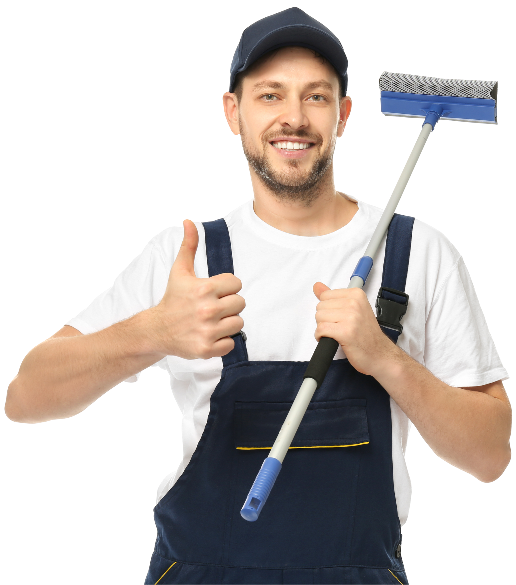 A man in overalls is holding a window cleaner and giving a thumbs up.