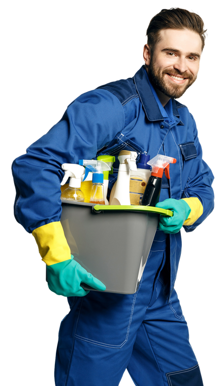 A man in a blue jumpsuit is holding a bucket of cleaning supplies.