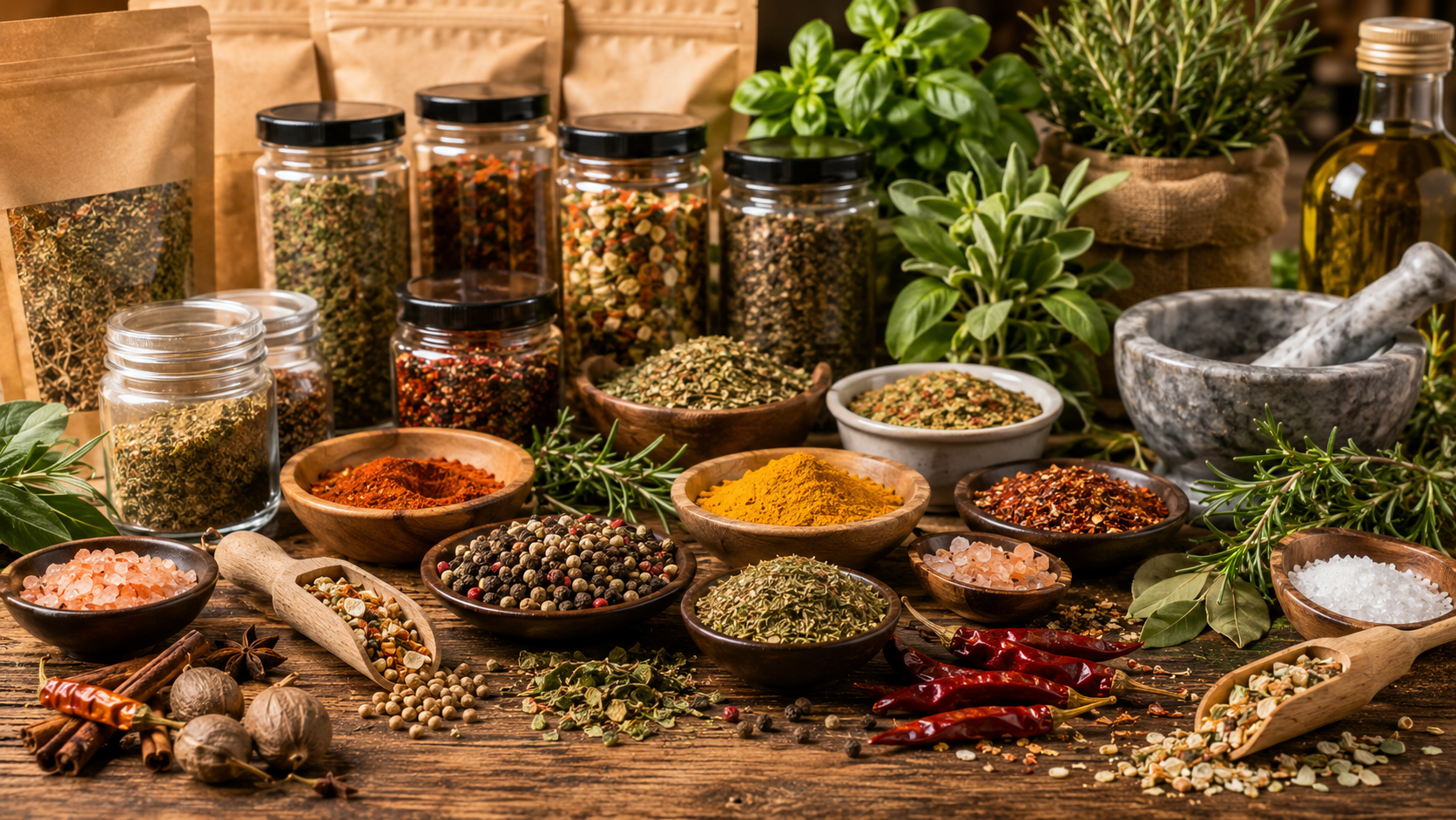 Spezie pure, erbe essiccate, mix aromatici, sali speciali, insaporitori e preparati professionali