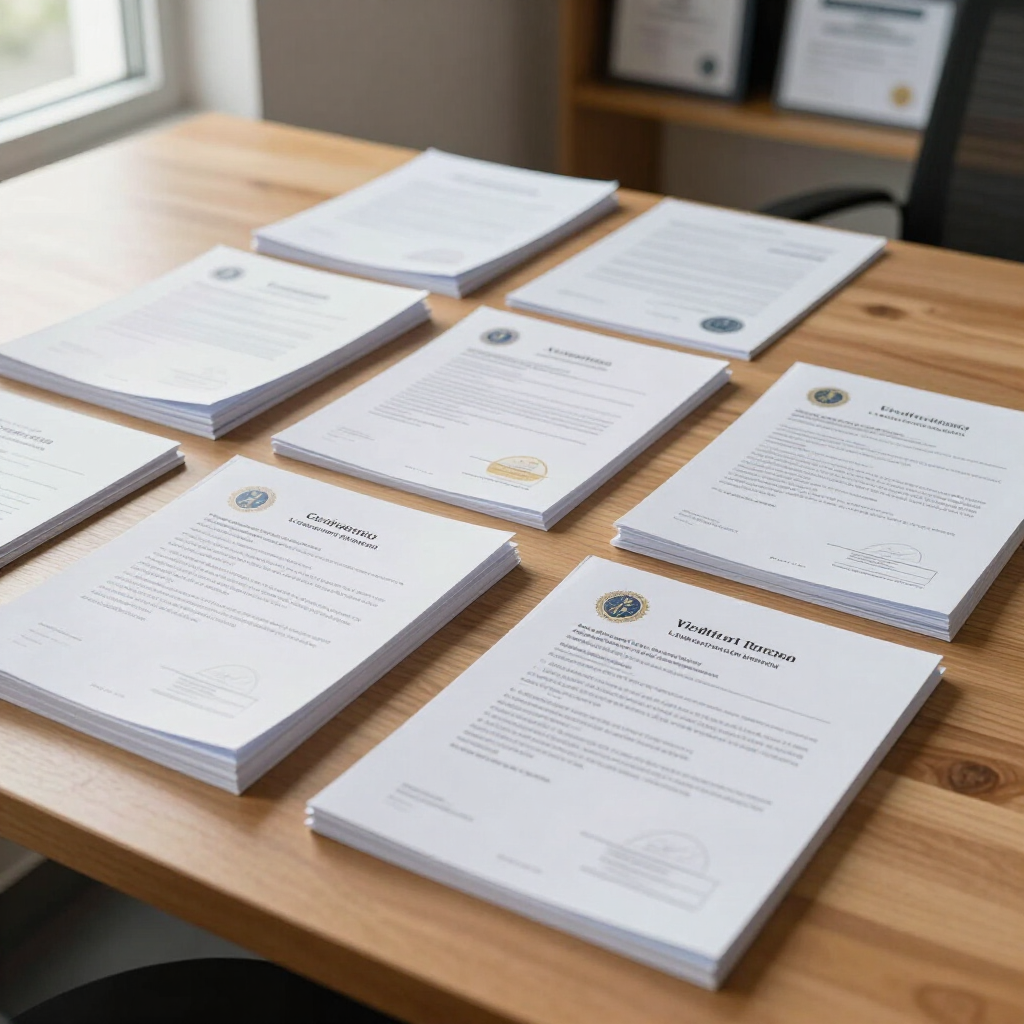 Stacked white documents arranged on a wooden table in an office setting.
