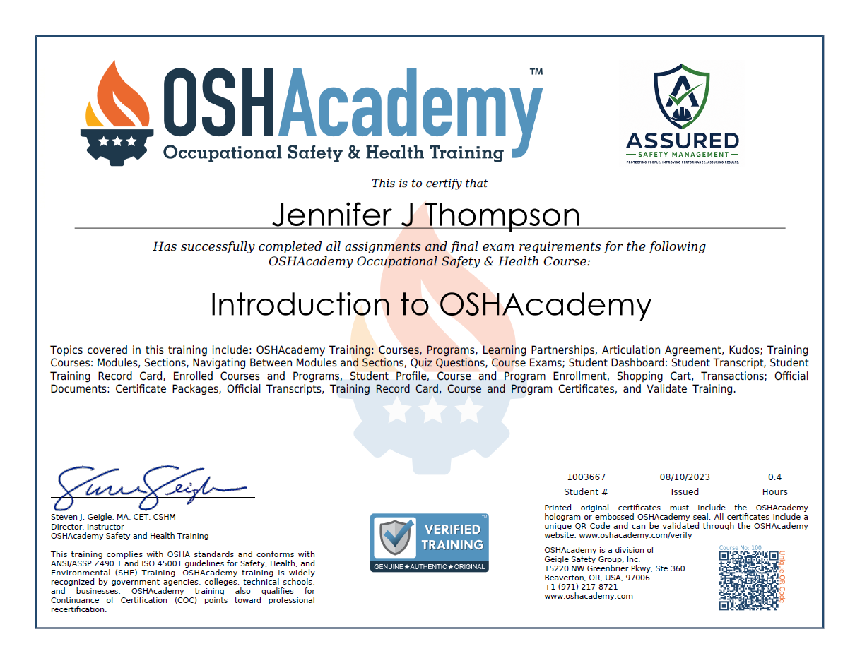 Online Training Certificate
