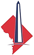 Washington Monument with red outline of the District of Columbia. Blue and white monument centered.
