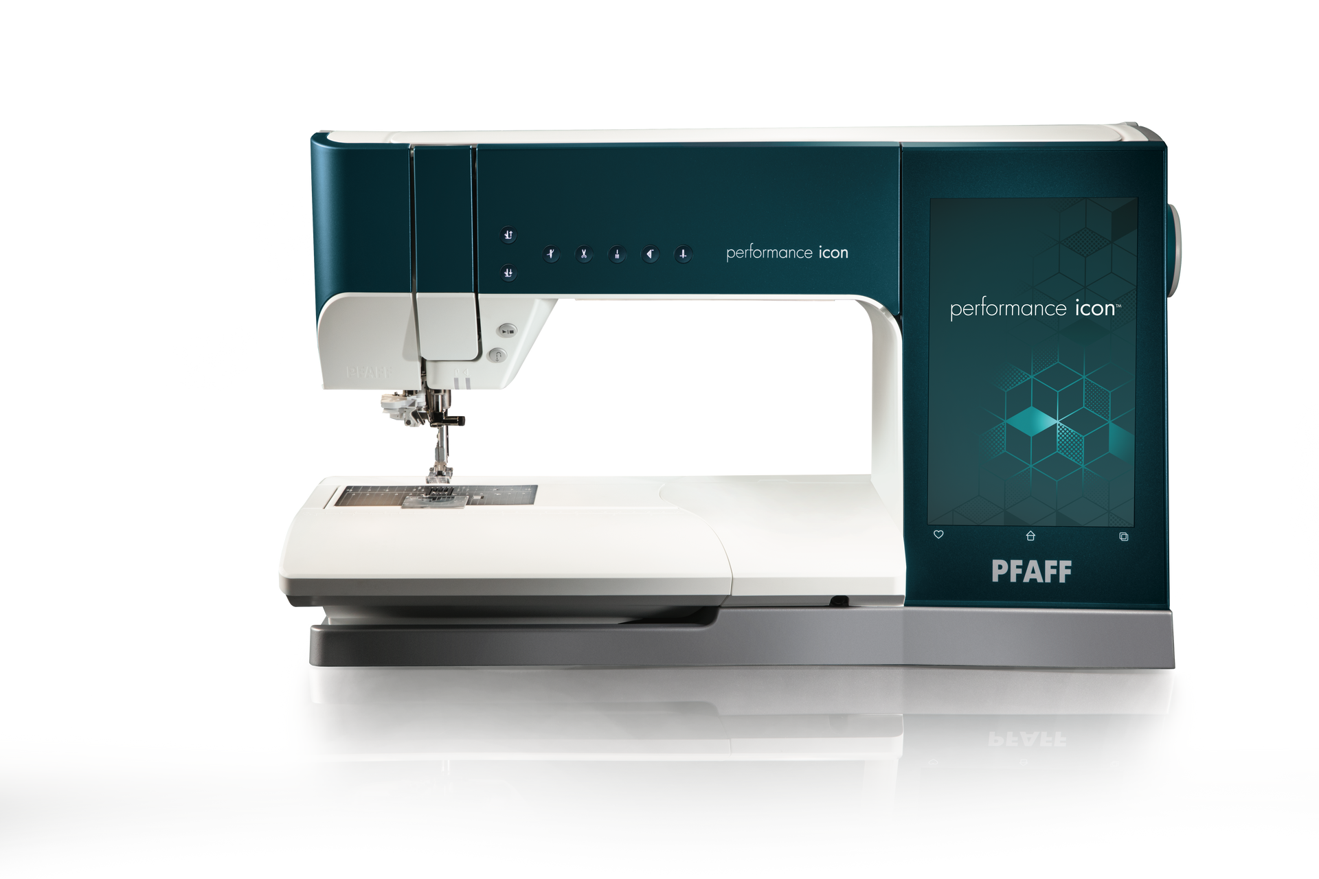 A pfaff sewing machine is sitting on a white surface.