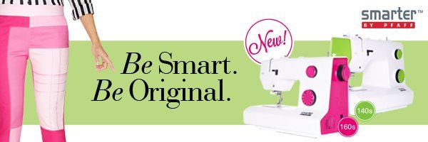 Pink and white sewing machine ad with the slogan “Be Smart. Be Original.” and a “New!” badge