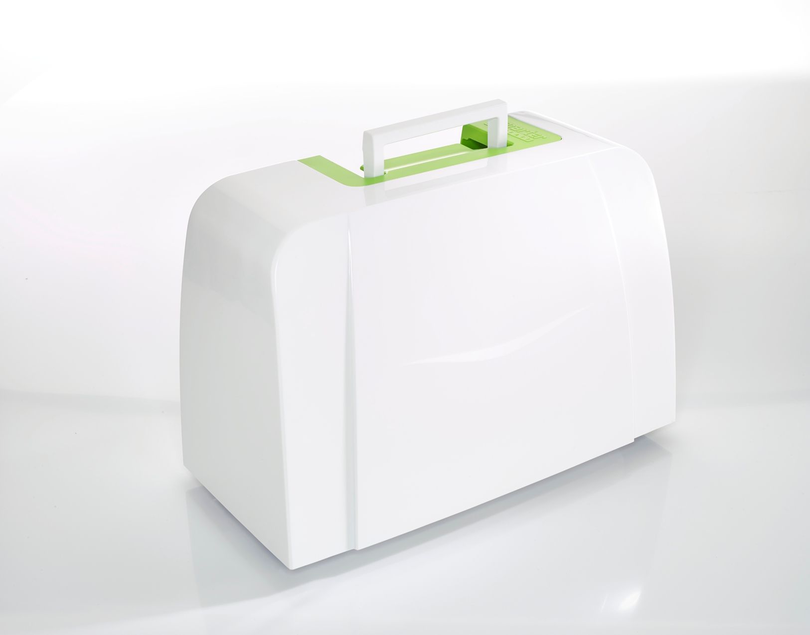 White hard-shell suitcase with green handle, shown on a clean white background