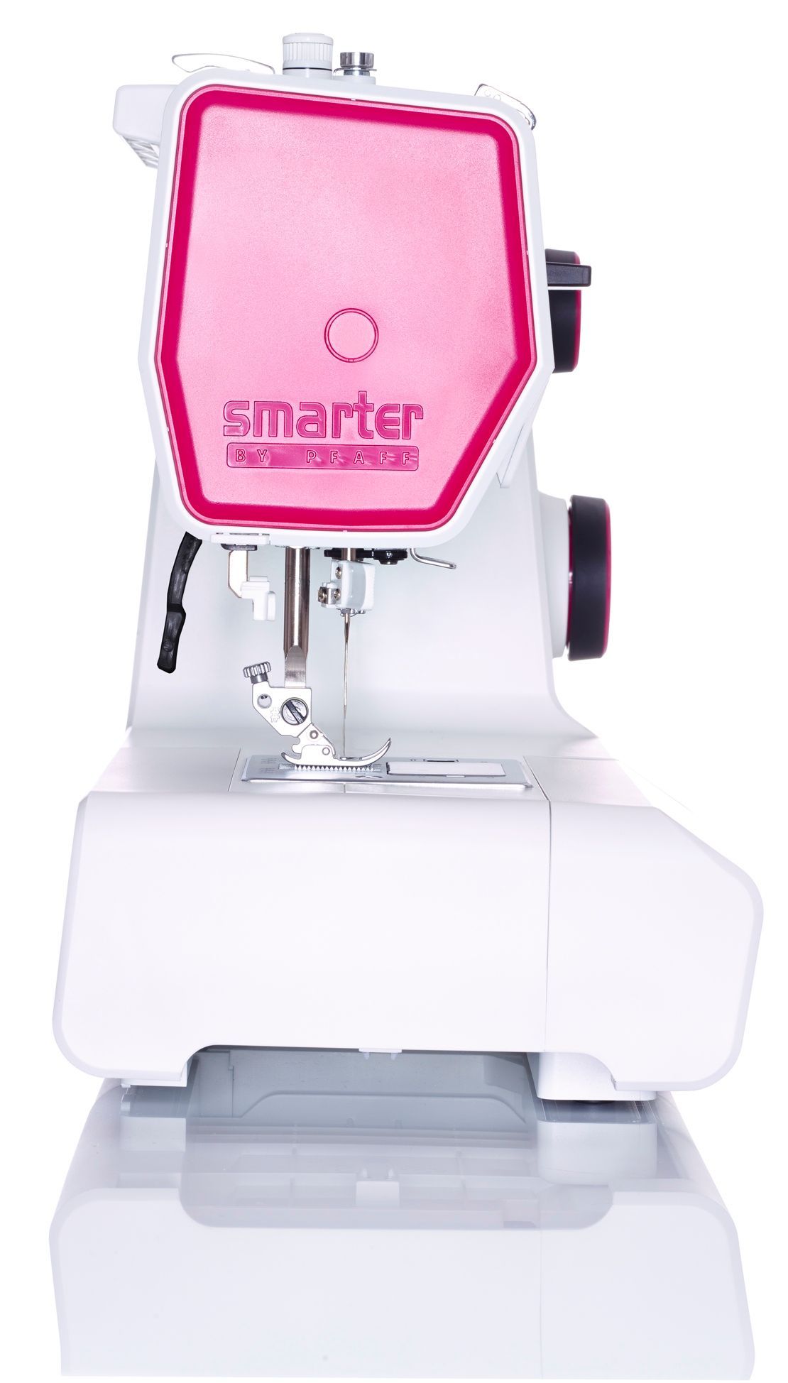 Pink and white embroidery sewing machine with a clear base and “smarter” logo on the front