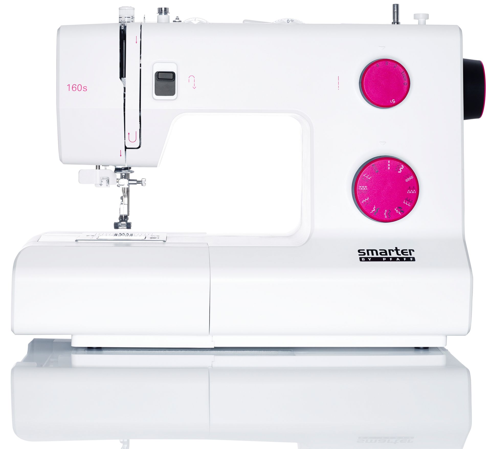 White sewing machine with pink dials on a stand