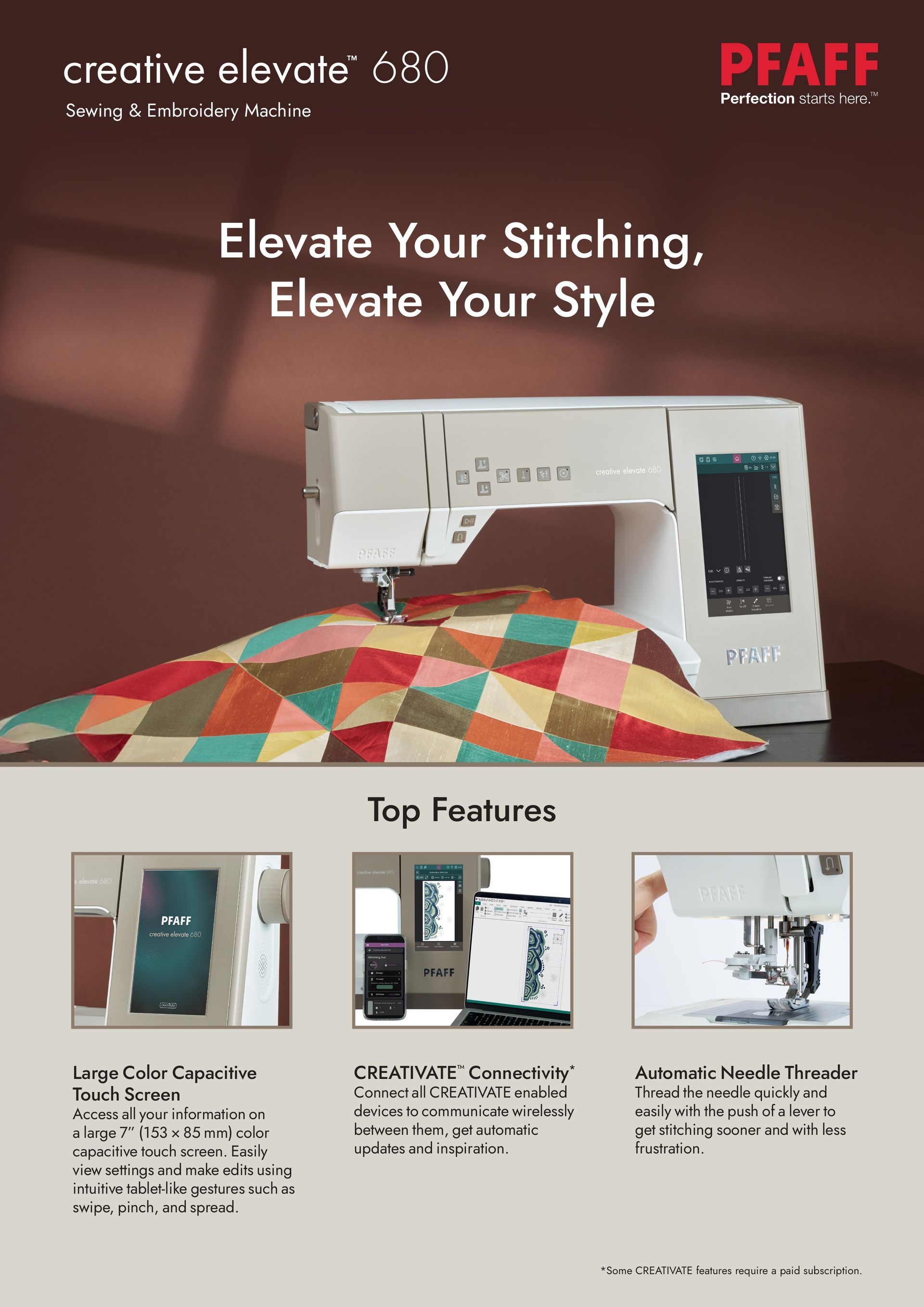 PFAFF sewing machine ad with colorful quilt blocks and two dress forms in green and black garments