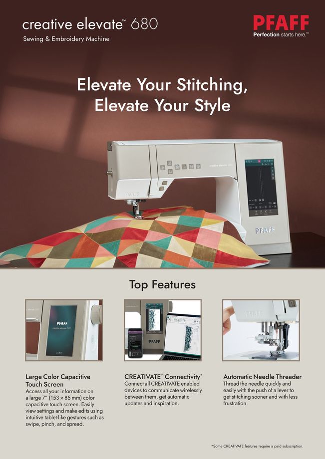 PFAFF sewing machine ad with colorful quilt blocks and two dress forms in green and black garments