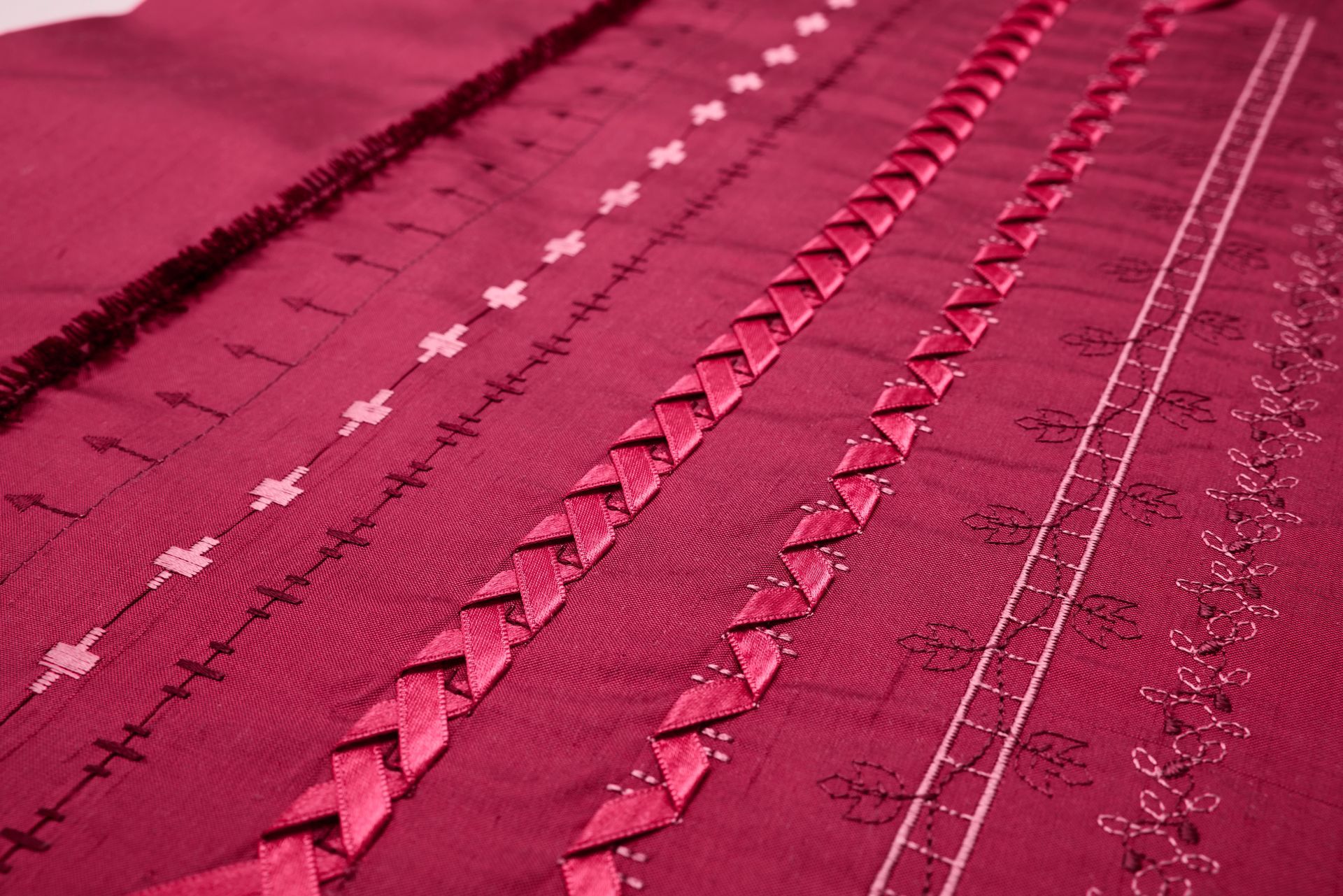 Close-up of pink fabric with decorative stitched rows and lace trim.