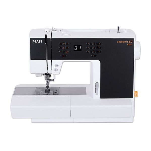 A white and black pfaff sewing machine on a white background.