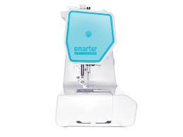 Blue and white tabletop medical device with a clear front panel and lower storage base