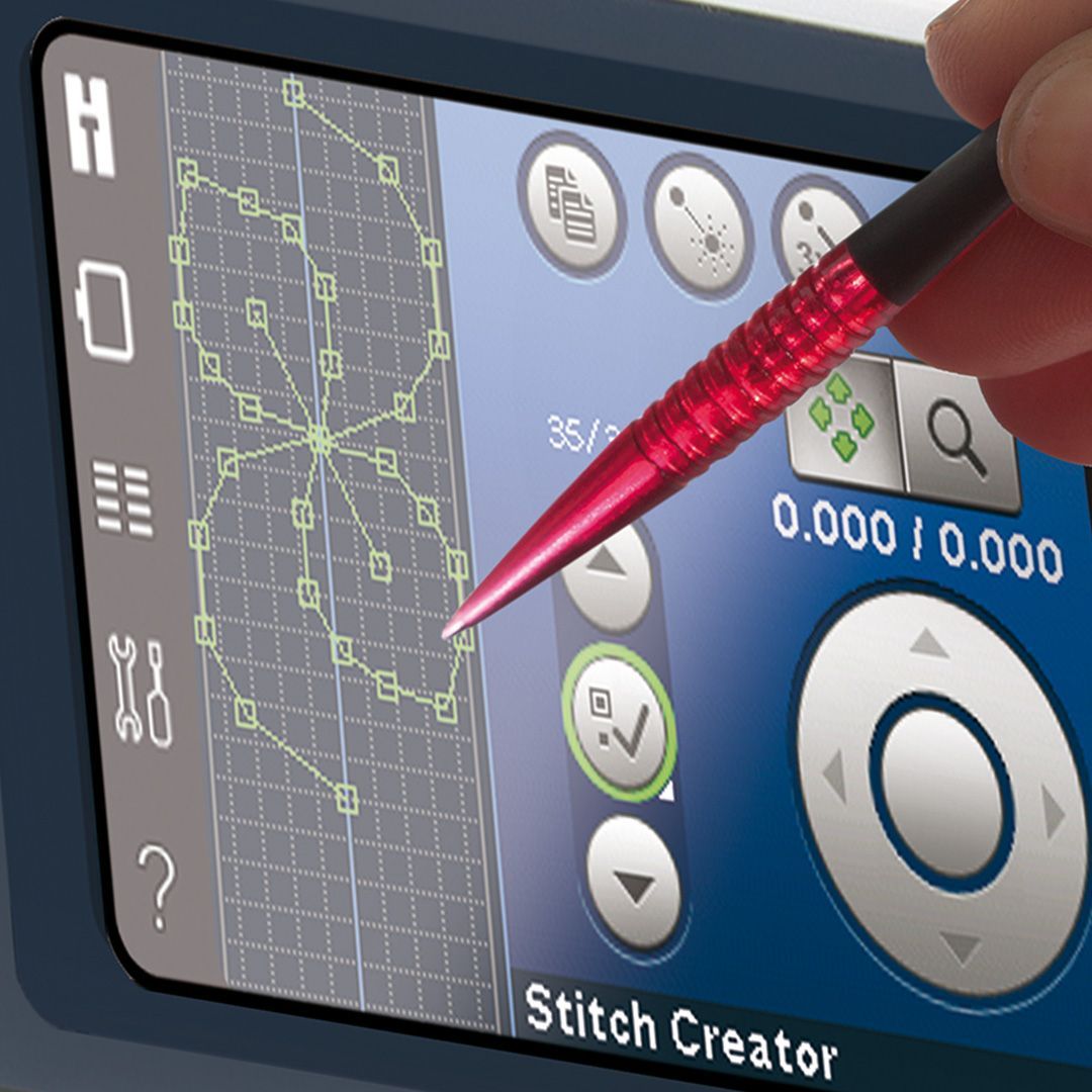 Touchscreen sewing app with stitch patterns and stylus on a display labeled “Stitch Creator”