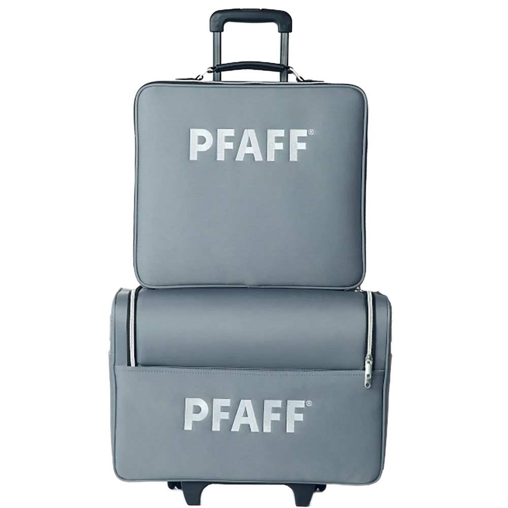Gray PFAFF rolling sewing machine bag with telescoping handle, shown front view