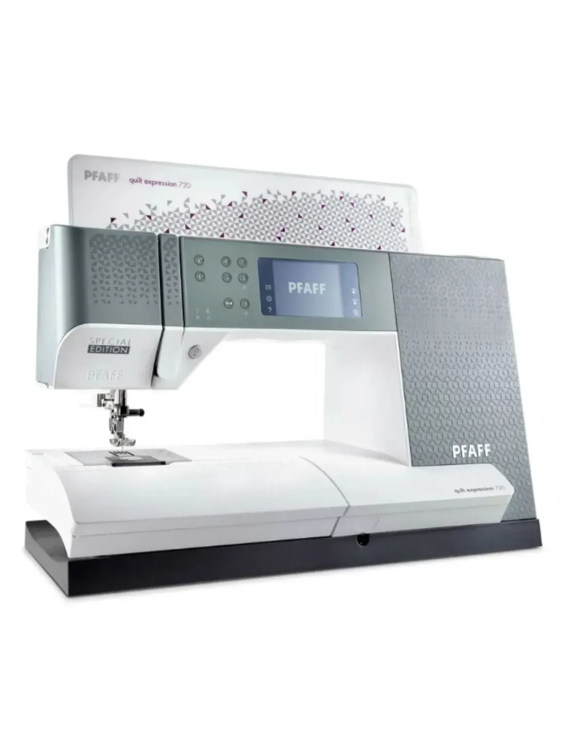 A white and gray sewing machine is sitting on a table.