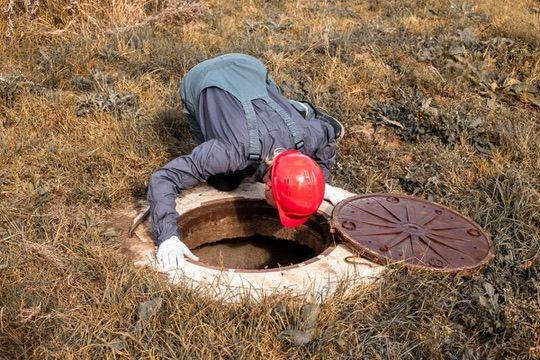 Person in protective gear leaning into an open manhole in a grassy field. A red helmet is visible.