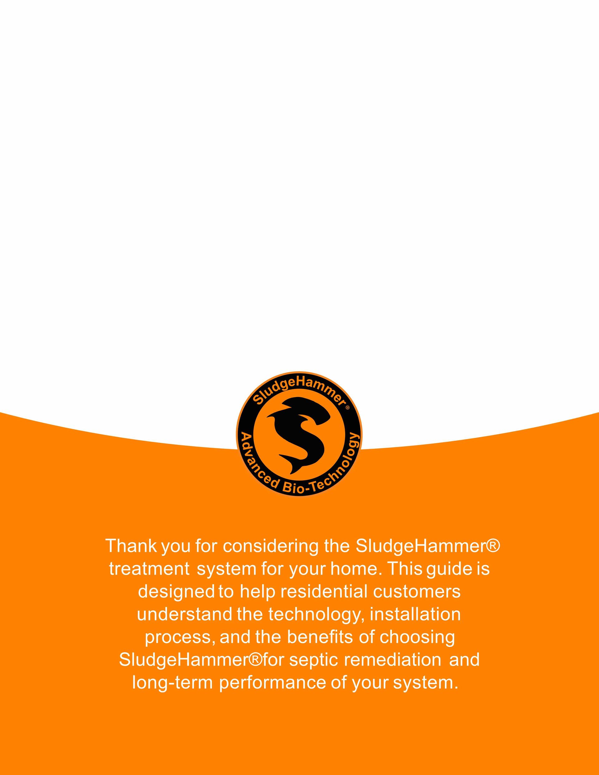 SludgeHammer logo on an orange background with text introducing a residential septic treatment system guide.
