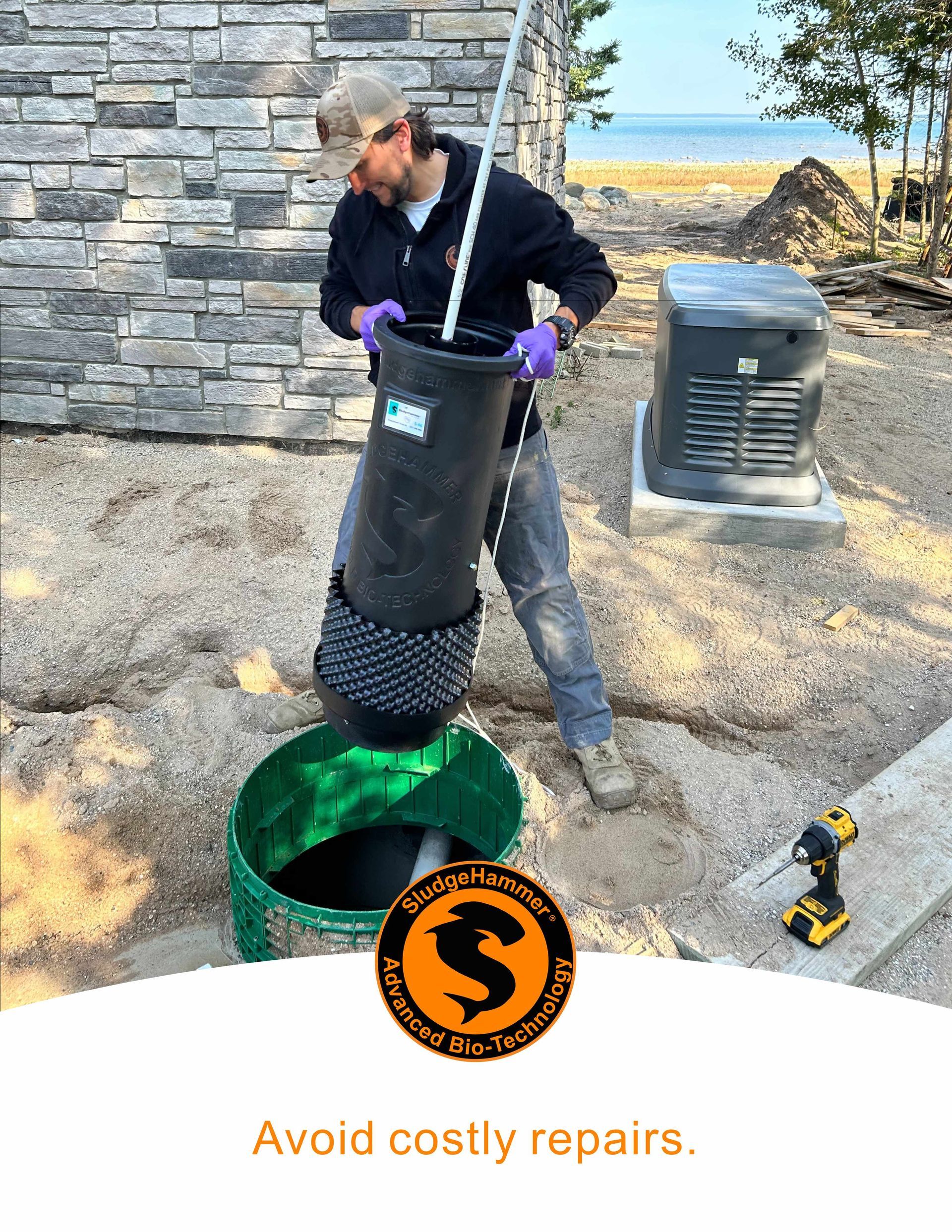 A worker in safety gloves installs a vertical filter cartridge into a green basin near a generator and stone building.
