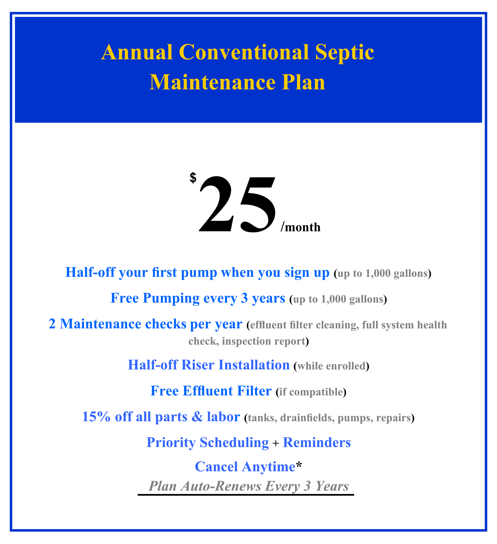 An advertisement for a $25/month septic maintenance plan listing benefits like free pumping, discounts, and checks.