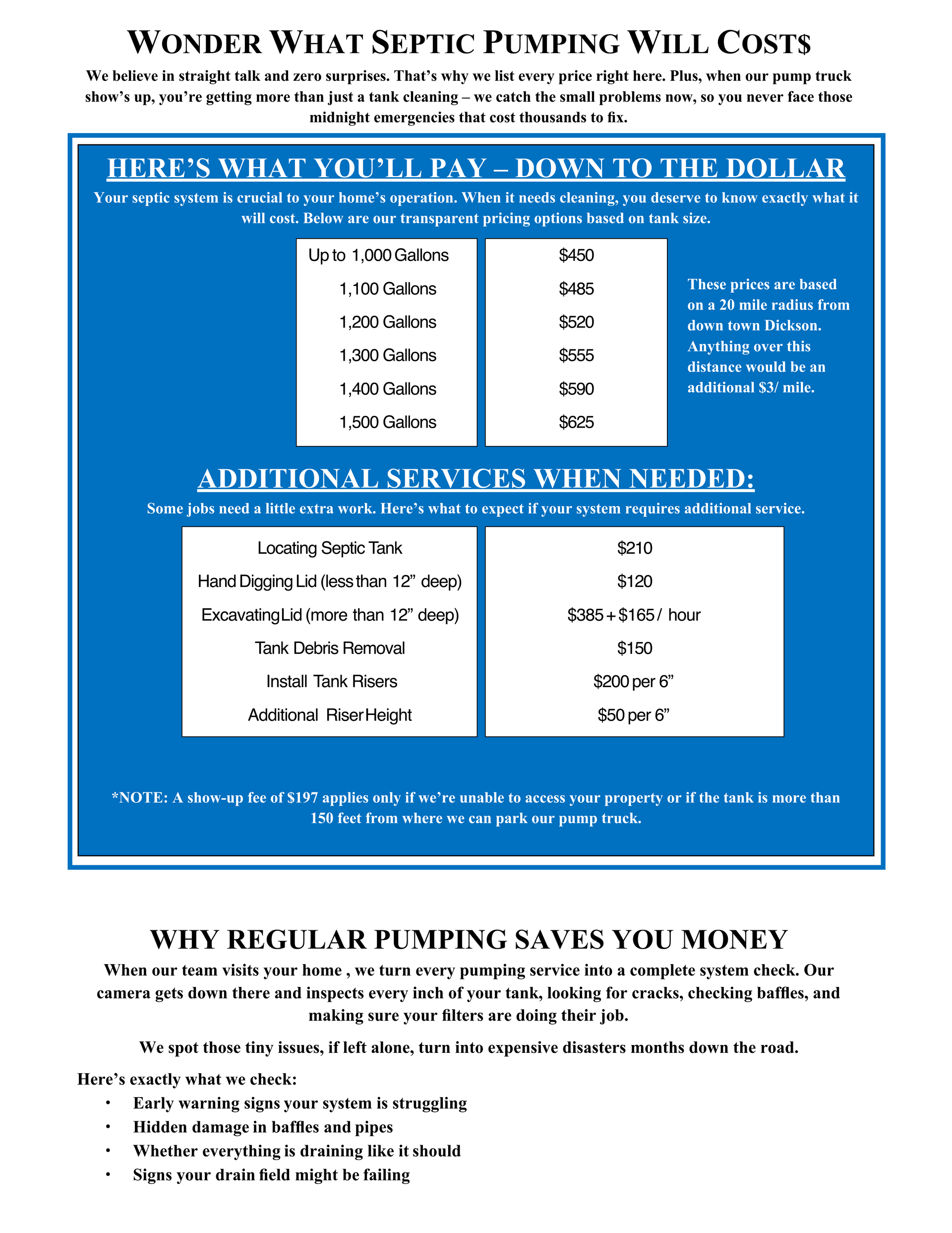 A pricing chart for septic pumping services, detailing standard pumping costs by tank size and additional service fees.