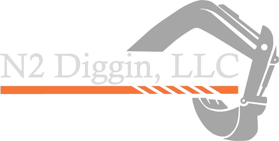 Logo for N2 Diggin, LLC featuring grey excavator arm and bucket over an orange horizontal line on a white background.