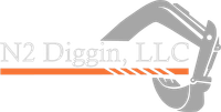 Logo for N2 Diggin, LLC featuring grey excavator arm and bucket over an orange horizontal line on a white background.