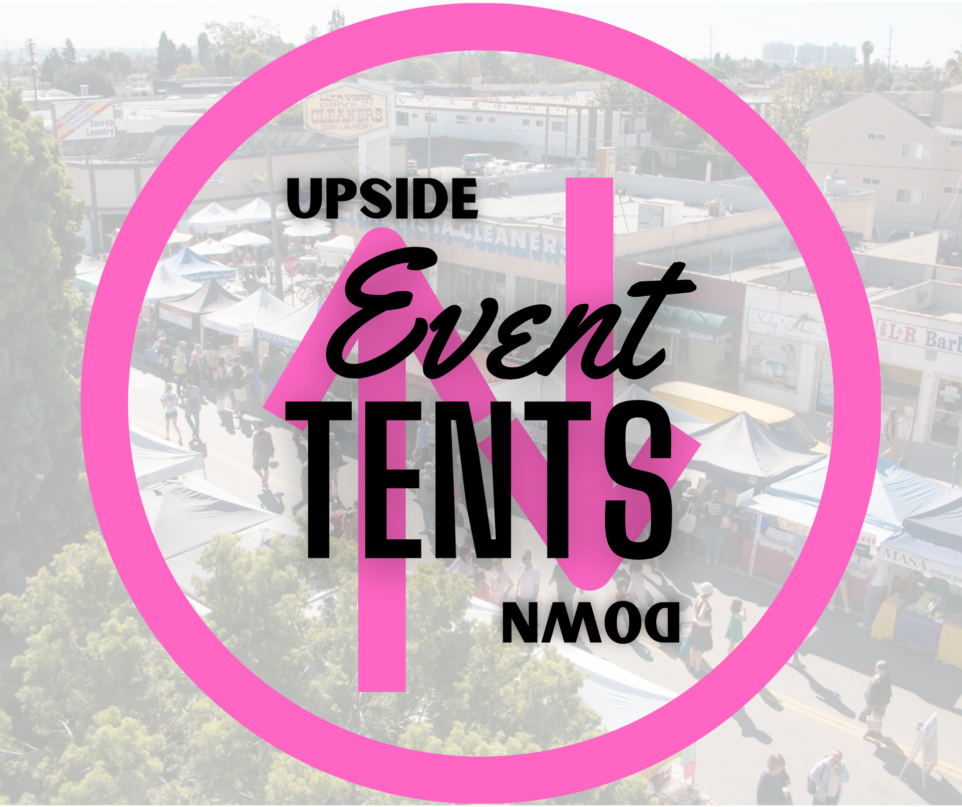 A pink and white logo for upside event tents