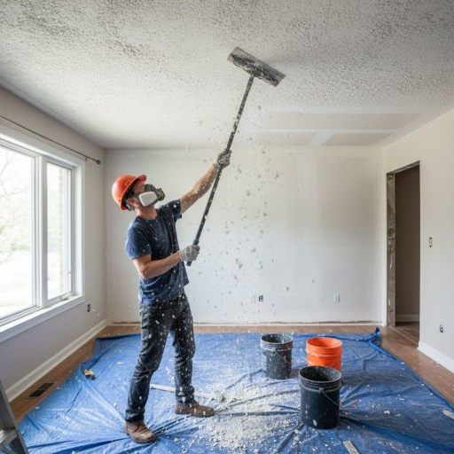 Construction worker wearing protective gear scraping texture from a ceiling during popcorn ceiling removal in a room under renovation.