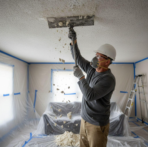 Worker scraping popcorn texture from a ceiling during a drywall service in San Bernardino, CA.