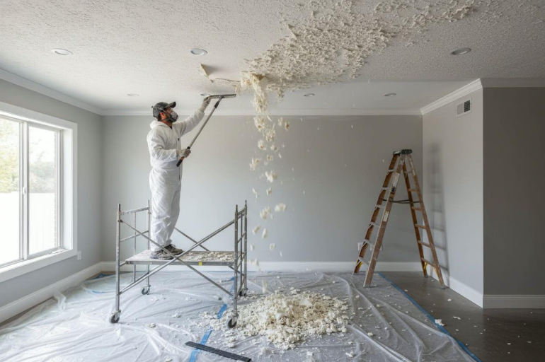 Contractor standing on scaffolding scraping texture from a ceiling during popcorn ceiling removal in Beaumont, CA.