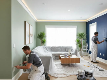 Painters preparing and painting modern living room walls after a professional drywall service in Moreno Valley, CA.