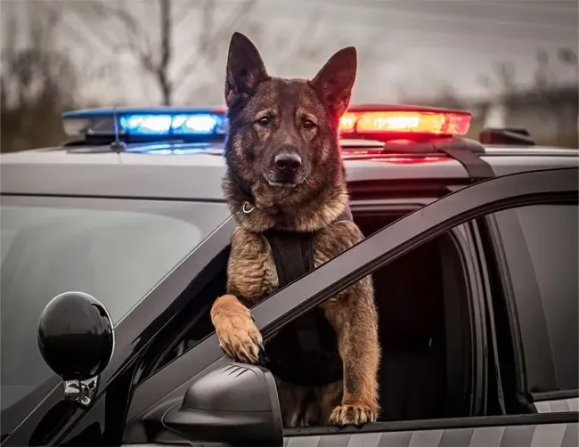 Police dog leaning out of a patrol car window with red and blue lights flashing