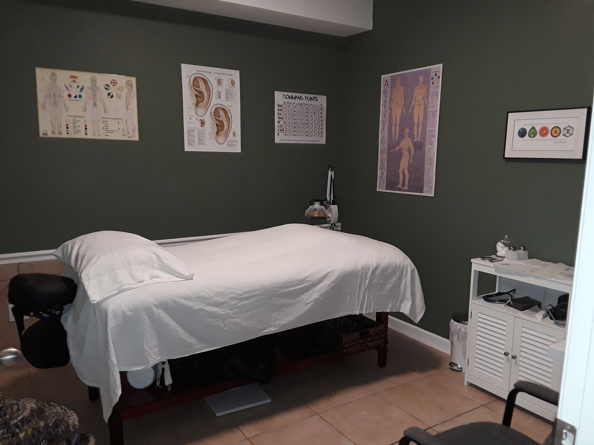 A room with a massage table and posters on the wall.
