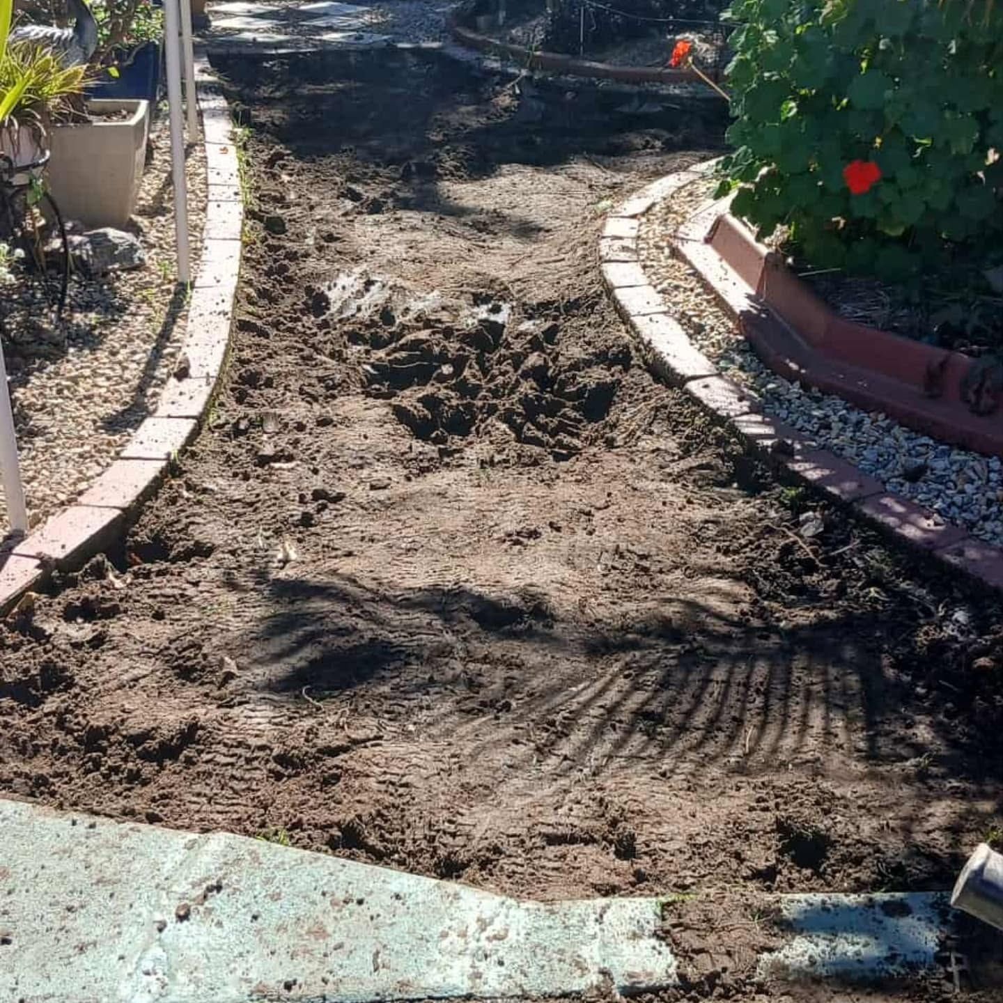 Dirt path under construction between garden borders, with paving stones and plants on both sides.