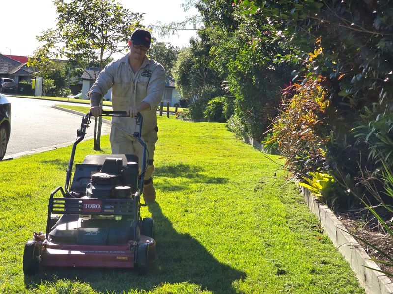 Person pushing a lawn mower along a sunny green lawn beside a sidewalk and garden bed