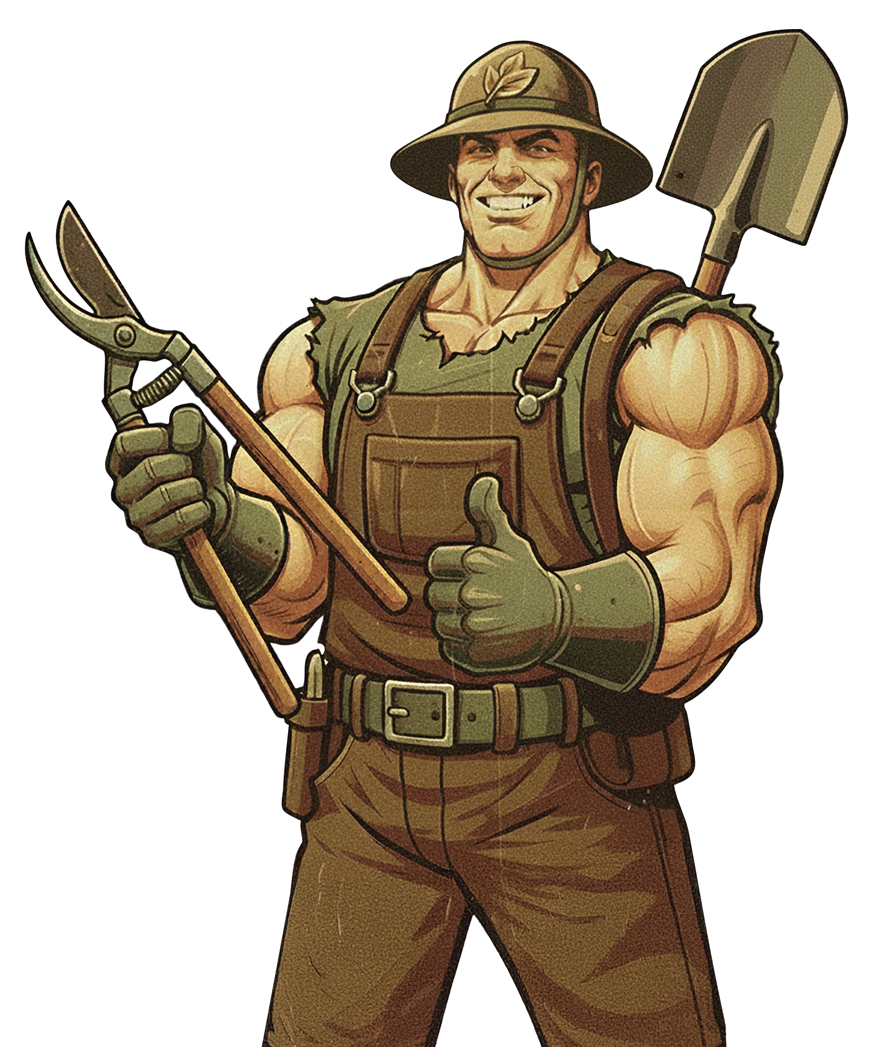 Cartoon farmer in overalls and hat holding a pitchfork and shovel, smiling against a white background