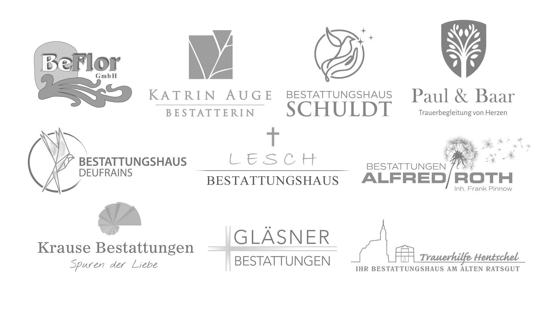 Logos verschiedener Bestattungsunternehmen in Schwarzweiß.